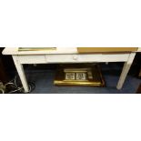 A 19TH CENTURY WHITE PAINTED PINE LOW TABLE, fitted a drawer, 118cm wide x 47cm high