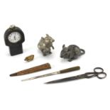 Miscellaneous objects including a pig vesta, cased pocket watch, pair of scissors and letter opener,