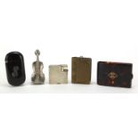 Smoking objects including silver plated Dunhill pocket lighter tortoiseshell and violin vesta