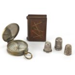 Victorian and later objects including a Negretti and Zambra GPO pocket compass and three silver