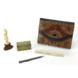 Miscellaneous objects including a leather clutch bag, carved ivory figure and a Victorian dome