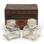 Victorian Tunbridge ware box fitted with a pair of glass inkwells, the box with micro mosaic inlay