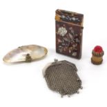 Antique and later objects comprising a blonde tortoiseshell card case, inlaid with Mother of Pearl