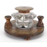 Victorian Tunbridge ware desk inkwell with micro mosaic floral inlay, 7cm high :