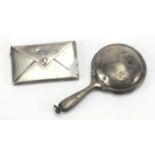 Novelty miniature silver compact in the form of a hand mirror together with a double stamp case,