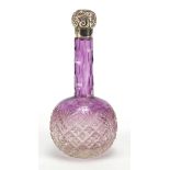 Victorian purple and clear glass silver topped scent bottle, the silver top embossed with foliage, M