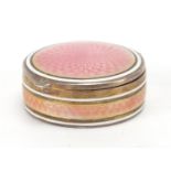 Circular continental 835 silver and pink guilloche enamel pill box, with hinged lid and gilt