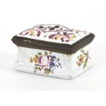 Antique rectangular enamel patch box hand painted with flowers, 3cm H x 4.6cm W x 3.5cm D Further