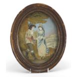 19th century oval silk work picture depicting two lovers, framed, 18cm x 13.5cm Further condition