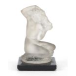 Frosted glass paperweight of a nude female, on a square glass base, etched Lalique France, 9cm