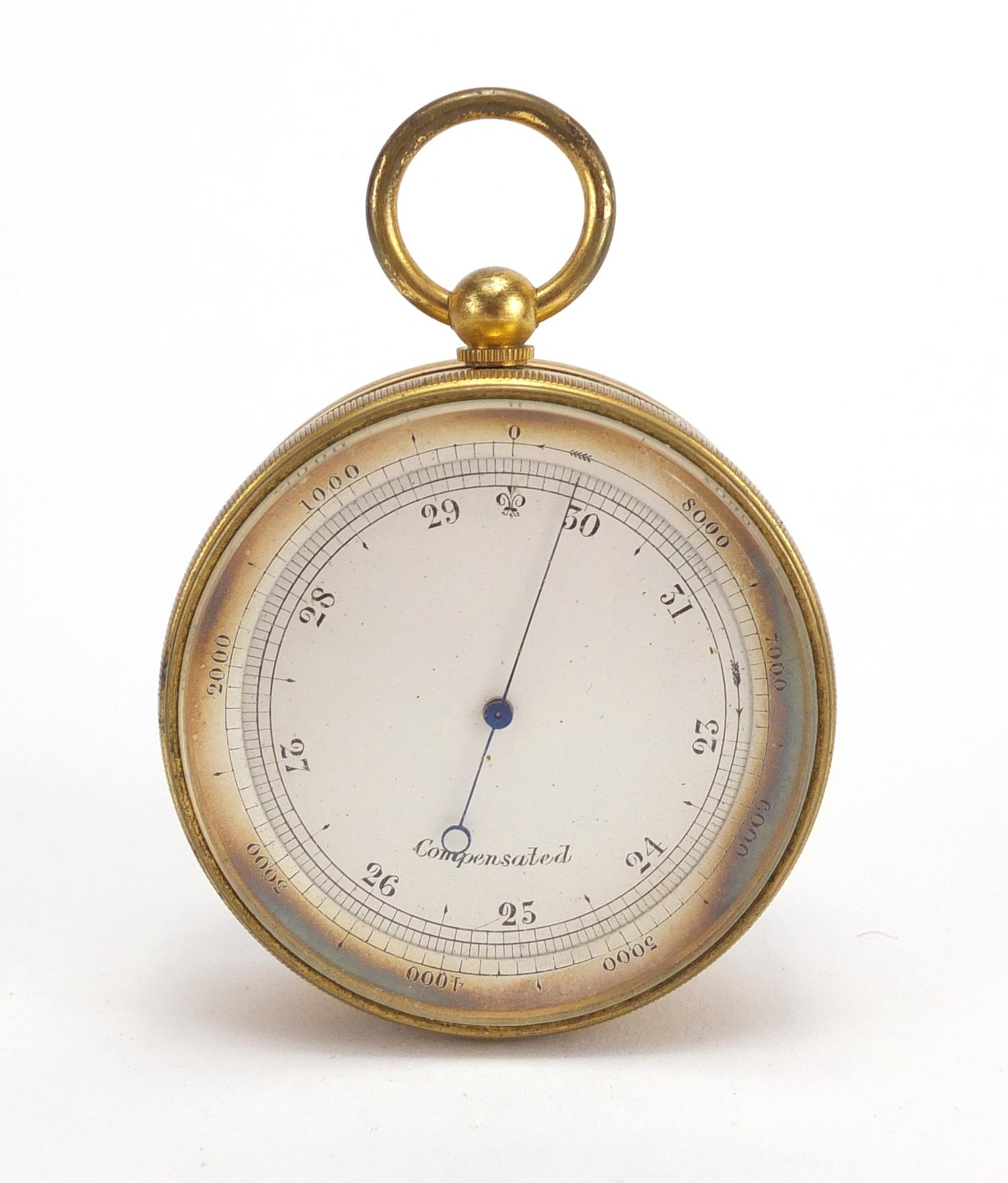 19th century gilt brass pocket weath station with compensated barometer, thermometer and compass, - Image 2 of 8