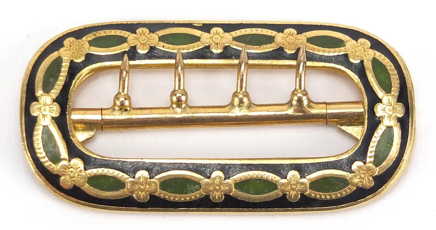 Victorian gold coloured metal enamel buckle, 5cm wide, approximate weight 12.9g Further condition