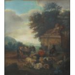 Pastoral scene, goat herd before a fountain, 19th century pastel on paper, mounted and framed,