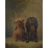 Portrait of a King Charles Spaniel and Terrier with butterflies, oil on canvas, mounted and