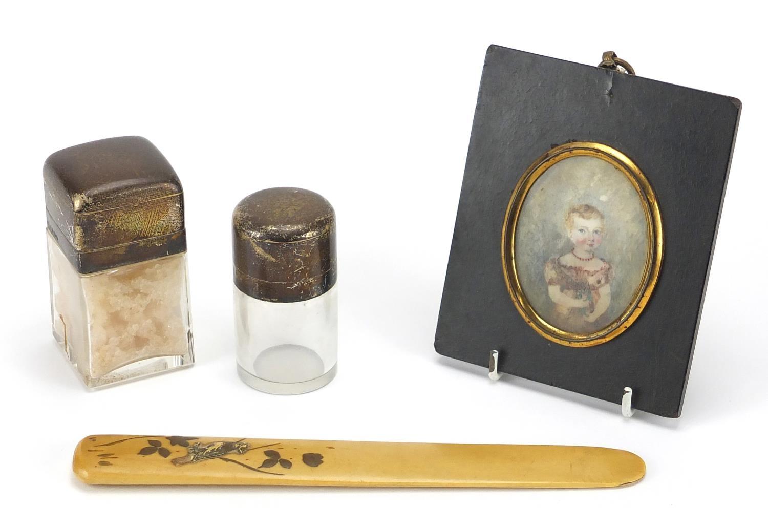 Antique and later miscellaneous objects including 19th century oval portrait miniature hand