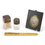 Antique and later miscellaneous objects including 19th century oval portrait miniature hand