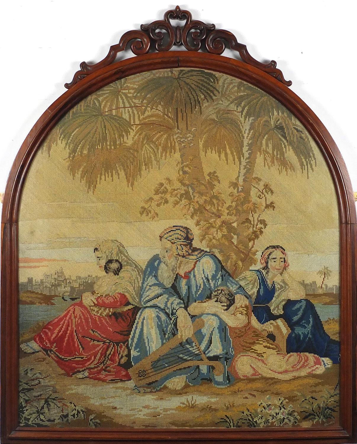 19th century needlepoint depicting figures surrounding a tree, housed in a carved rosewood frame, - Image 2 of 5