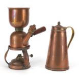 Arts & Crafts copper coffee maker and copper and brass jug by Benson, the coffee maker by Picards