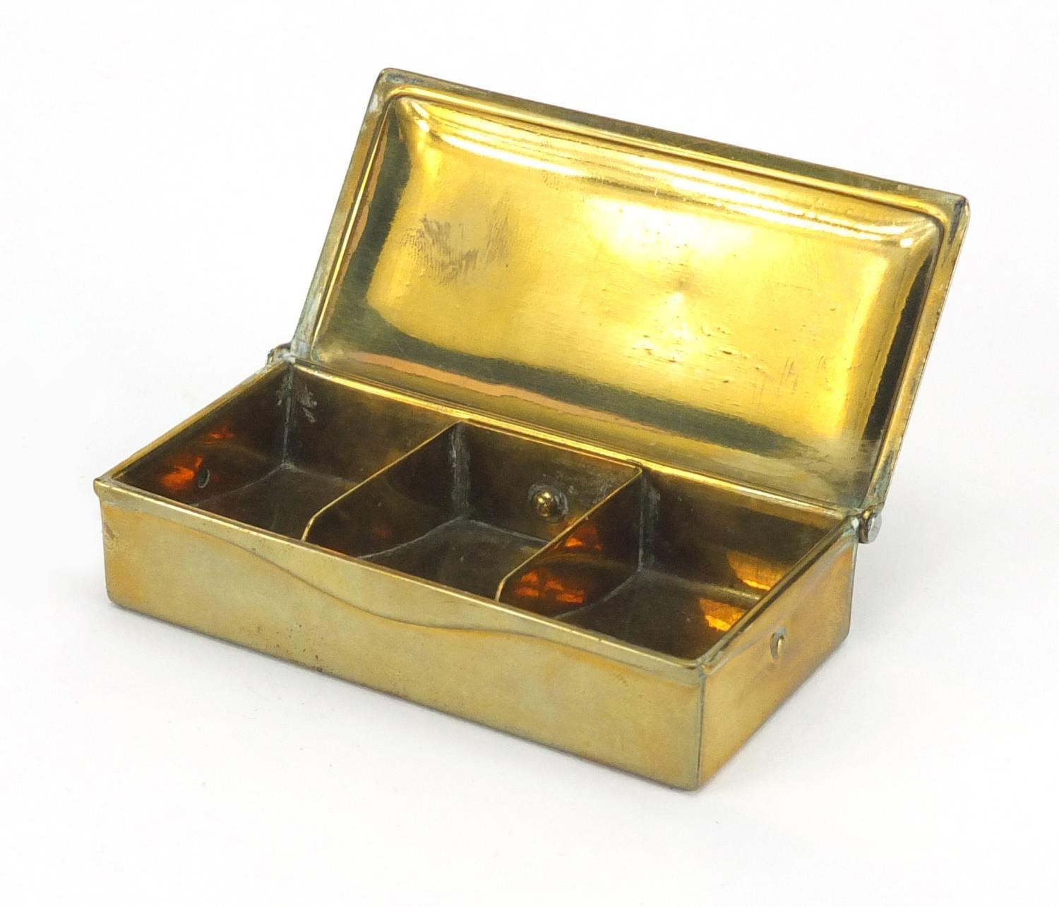 Writing objects comprising a silver handled green marble paperweight, brass stamp case and brass - Image 6 of 9