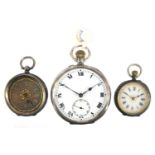 Gentleman's silver open face pocket watch and two ladies silver pocket watches, the largest 5cm in