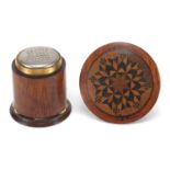 Victorian Tunbridge Ware nutmeg grater, the lid with floral inlay, 5cm high Further condition