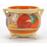 Clarice Cliff Fantasque miniature Melon cauldron with twin handles, hand painted with fruit, factory