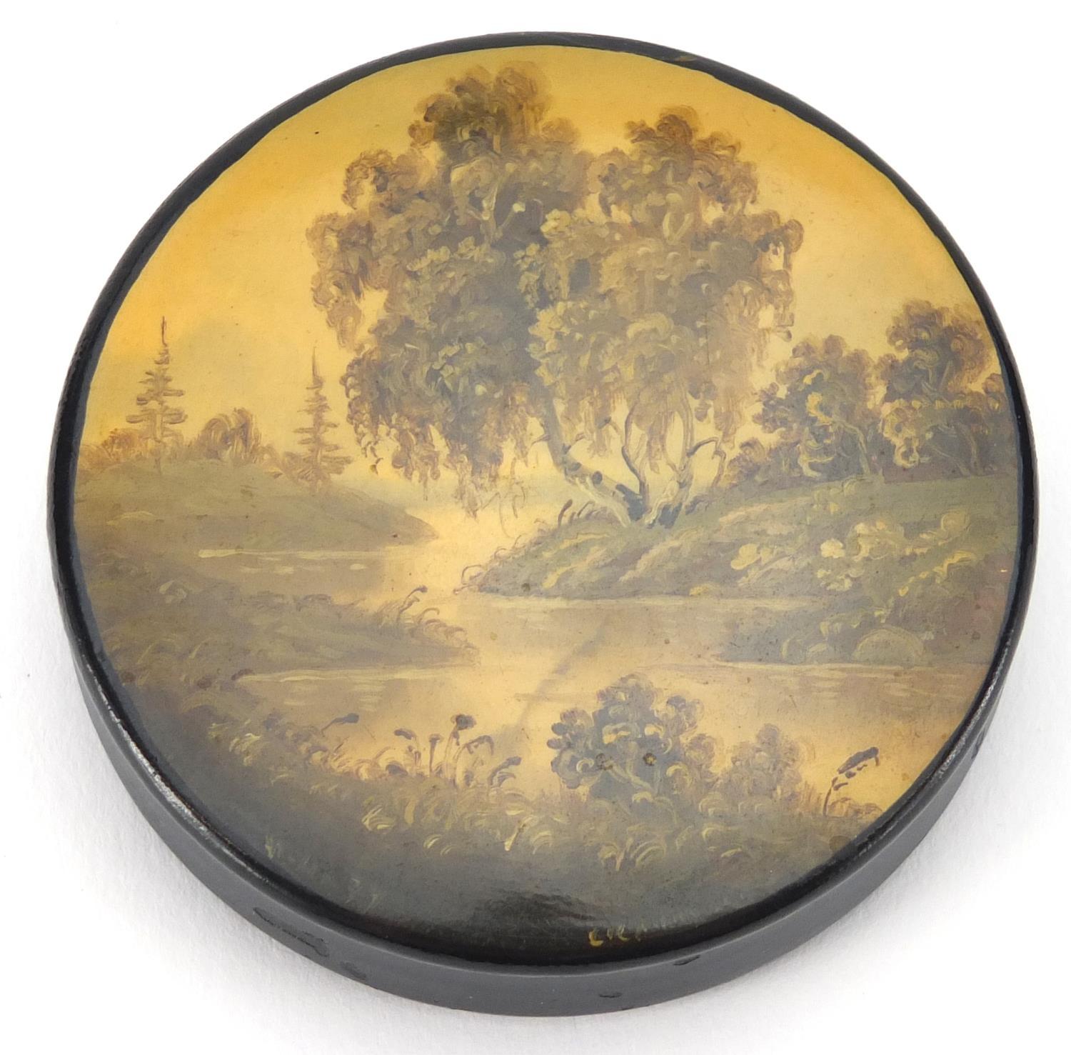 Russian lacquered snuff box, the lid hand panted with a river, indistinctly titled and inscribed - Image 2 of 7