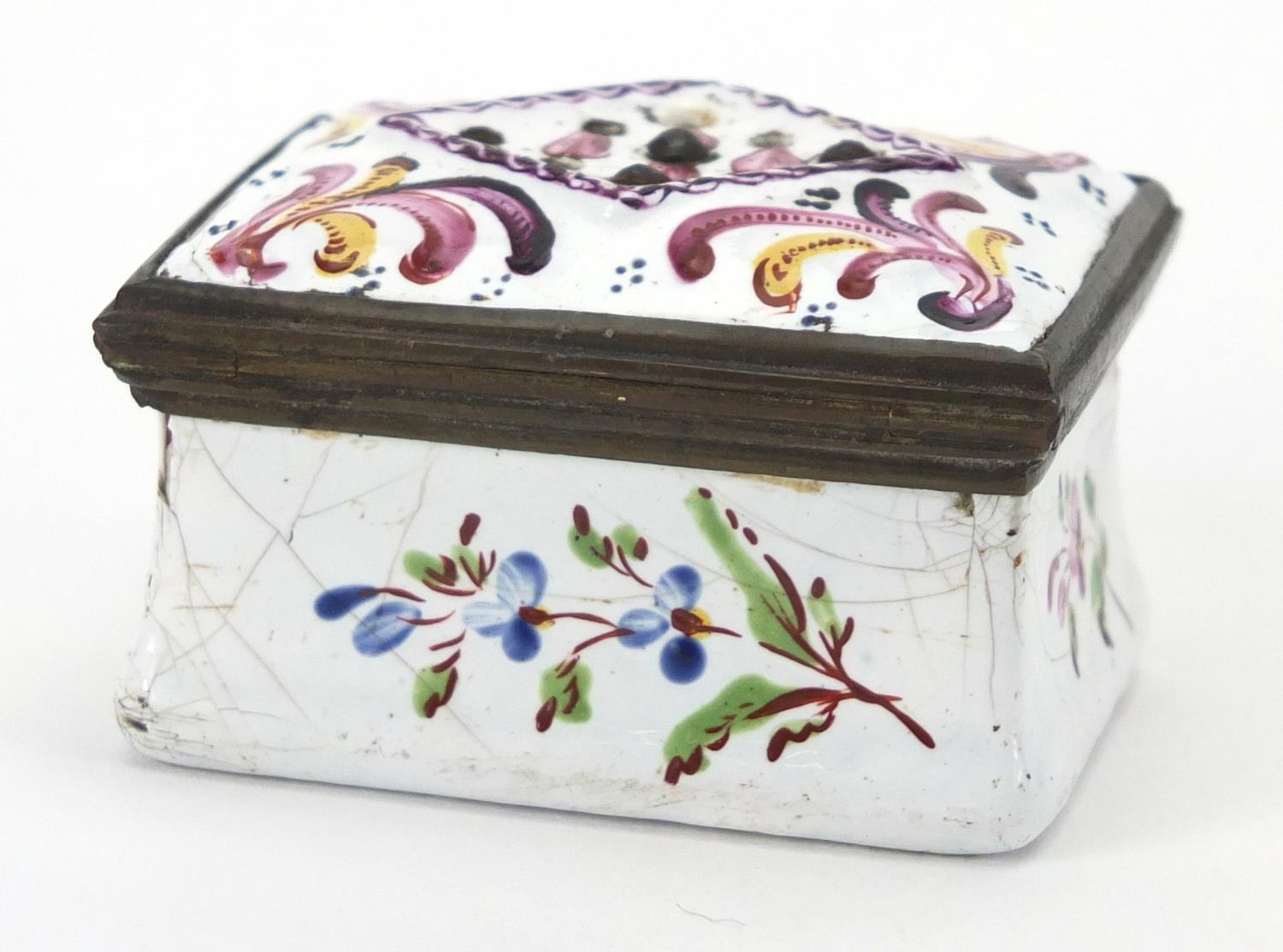 Antique rectangular enamel patch box hand painted with flowers, 3cm H x 4.6cm W x 3.5cm D Further - Image 3 of 4