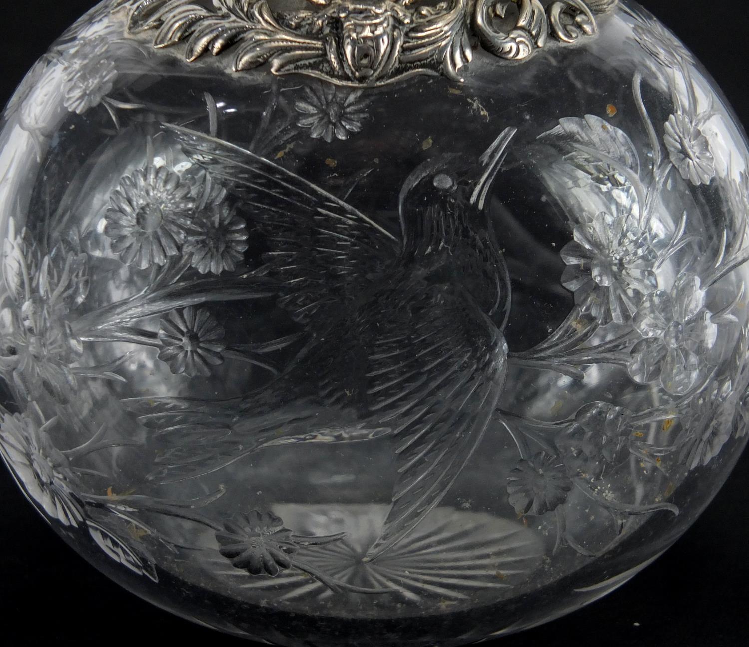 Victorian silver topped Webb rock crystal scent bottle carved with a bird amongst flowers, the - Image 2 of 11