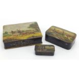Three 19th century papier-mâché boxes, one snuff, each lid hand painted with a stagecoach scene,