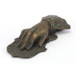 Large Victorian J & H Ratcliffe patent brass letter clip in the form of a hand, 18.5cm in length