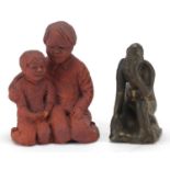 Style of Bernhard Hoetger, two bronzed pottery statues, one of a seated nude male the other of a