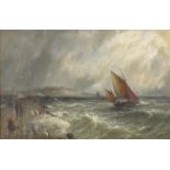 Gustave De Breanski - Sailing boats on choppy seas with figures and lighthouse, 19th century