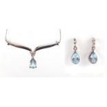 9ct white gold tear drop Aquamarine and Diamond necklace, with matching earrings, the necklace