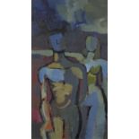 Abstract composition, two nude figures, oil on board, bearing an indistinct signature, mounted and