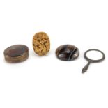 Miscellaneous objects including an Agate pill box, Chinese Canton ivory brooch carved with figures