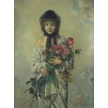Young girl holding flowers, Russian school oil on board, bearing a signature Harlenof and