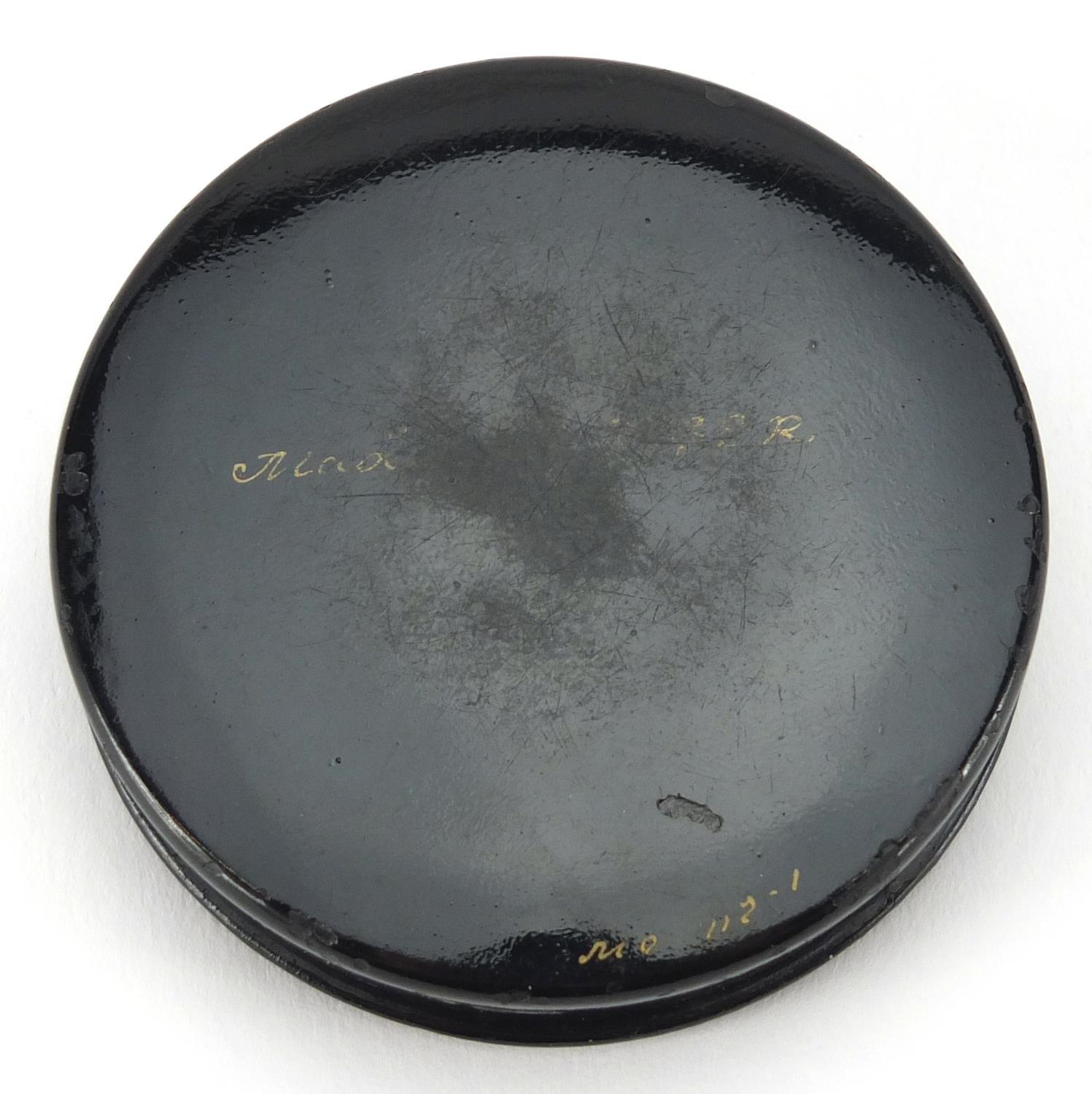 Russian lacquered snuff box, the lid hand panted with a river, indistinctly titled and inscribed - Image 4 of 7