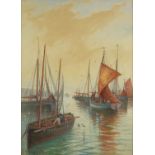 George Henry Jenkins - Moored fishing boats, watercolour on card, mounted and framed, 49cm x 35.