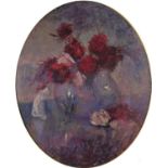 Still life flowers in a vase, oval oil on board, bearing a signature Dame Recpath, mounted and