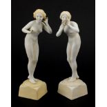 Pair of Art Deco porcelain figurines, both of nude females, numbered to the bases, each 20.5cm