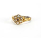 Antique unmarked gold seed pearl and garnet flower head ring, size I, approximate weight 2.2g