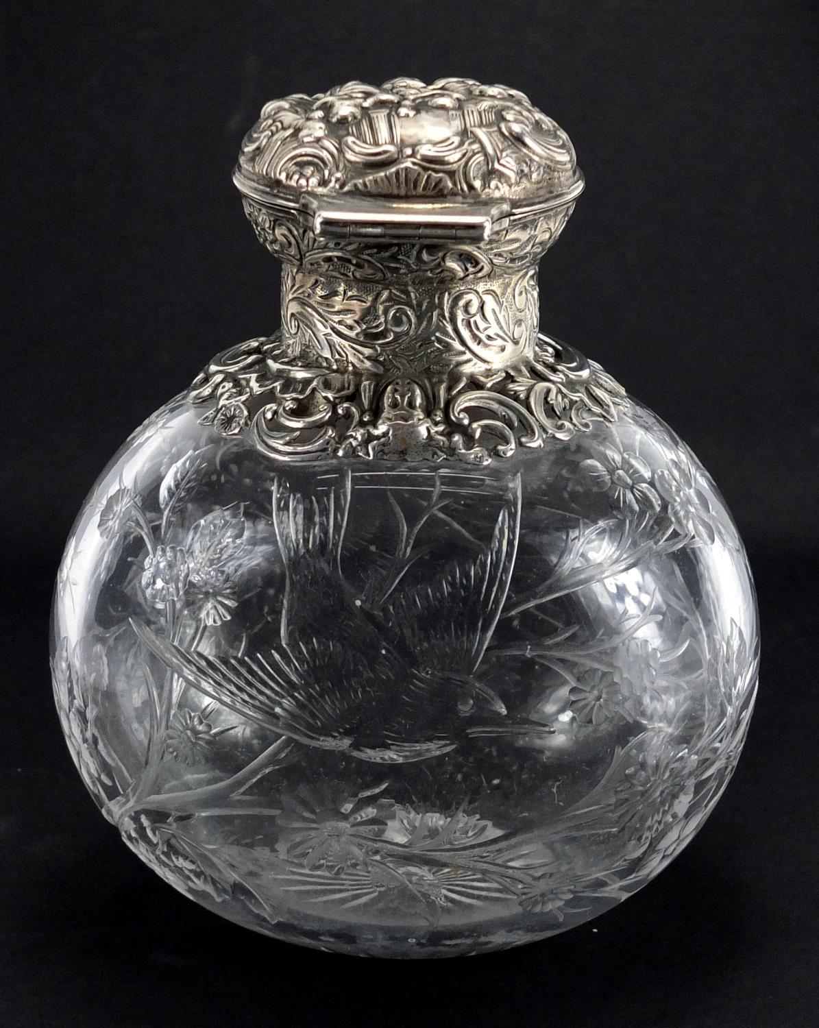 Victorian silver topped Webb rock crystal scent bottle carved with a bird amongst flowers, the - Image 9 of 11