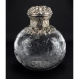 Victorian silver topped Webb rock crystal scent bottle carved with a bird amongst flowers, the