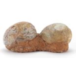 Large cluster of two fossilised dinosaur eggs, 13.5cm H x 31cm W x 13cm D Further condition