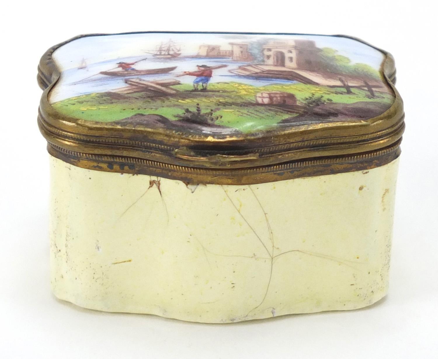 Antique shaped enamel patch box hand painted with continental figures and boats, 2.9cm H x 5cm W x - Image 3 of 6