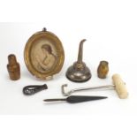 Miscellaneous antique and later objects including an oval portrait miniature of a female, bone