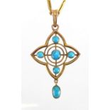 Art Nouveau 9ct gold turquoise pendant on a gold coloured metal necklace, the pendant stamped B.H.J,