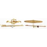 Four Victorian and later gold bar brooches, set with assorted stones including seed pearls and