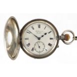 Silver and enamel half hunter pocket watch by J W Benson of London, with silver watch chain